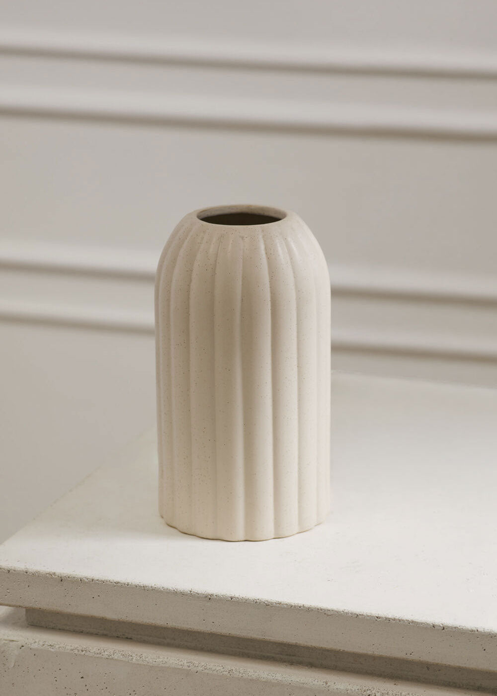 Rounded Cylinder Ceramic Ribbed Vase in Beige Cream - 8.25"