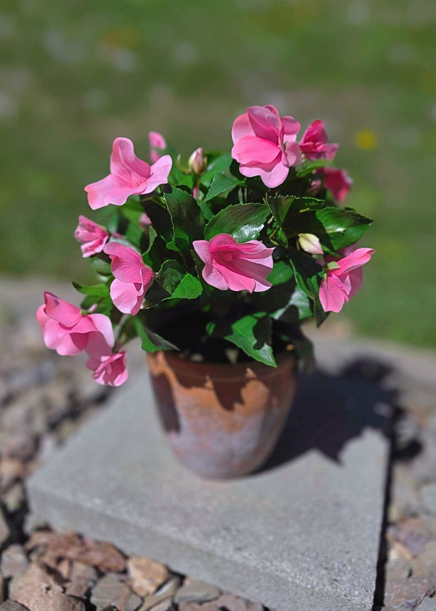 UV Treated Pink Fake Impatiens Potted Outdoor Plant in Clay Pot - 12"