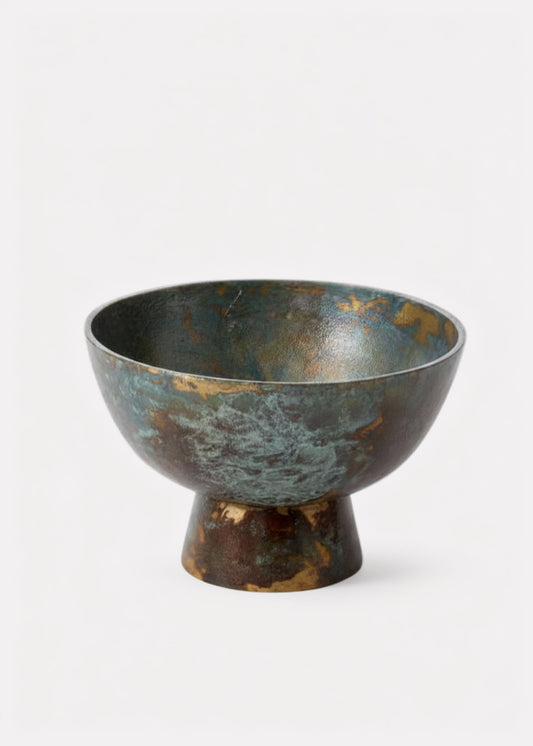 Antique Gold and Charcoal Metal Compote in Patina Finish - 9" Wide