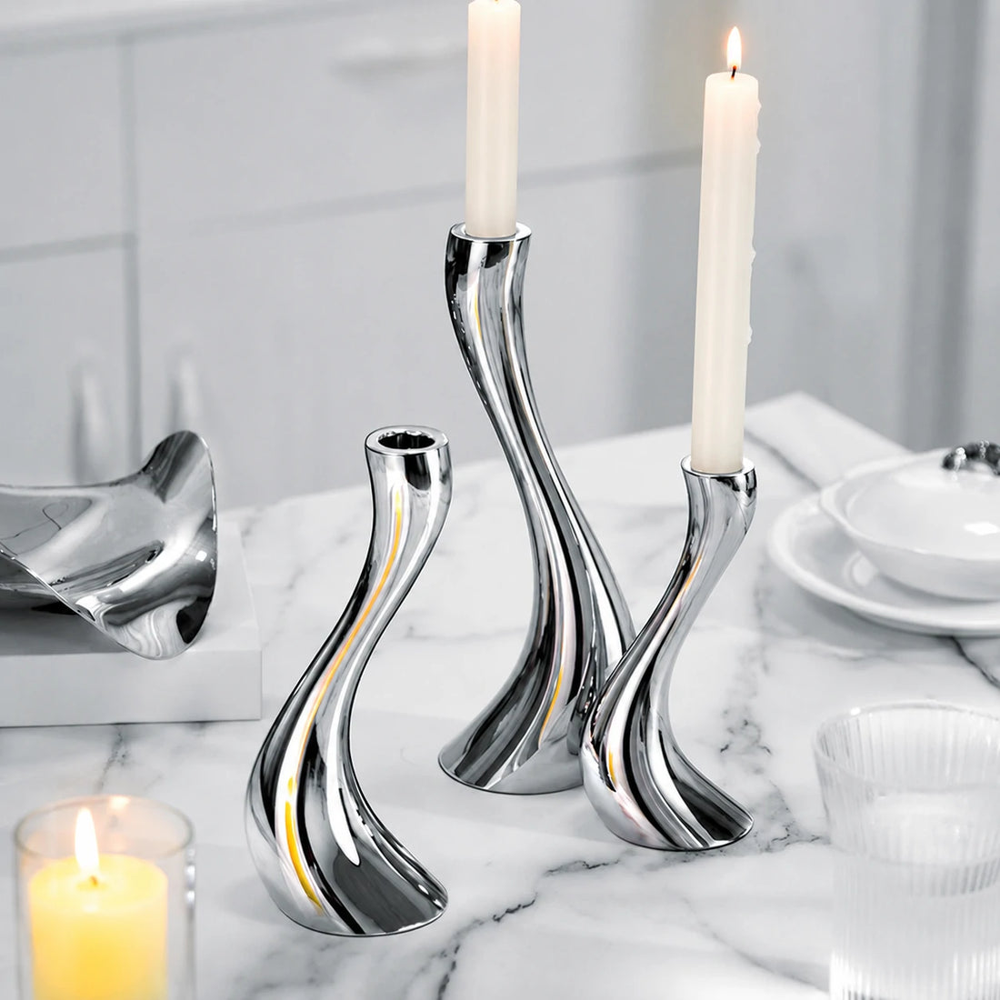 GOIFVORO Fluid Curve Metal Candle Holders – Sculptural Taper Candle Holder Set of 3, product image 1 of 8
