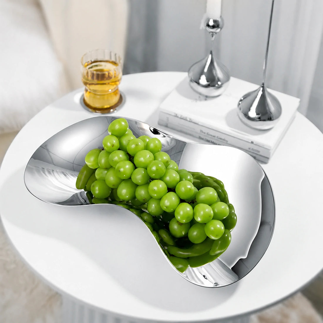 GOIFVORO Flowing Wing Stainless Steel Fruit Bowl – Sculptural Silver Serving Tray, product image 1 of 5