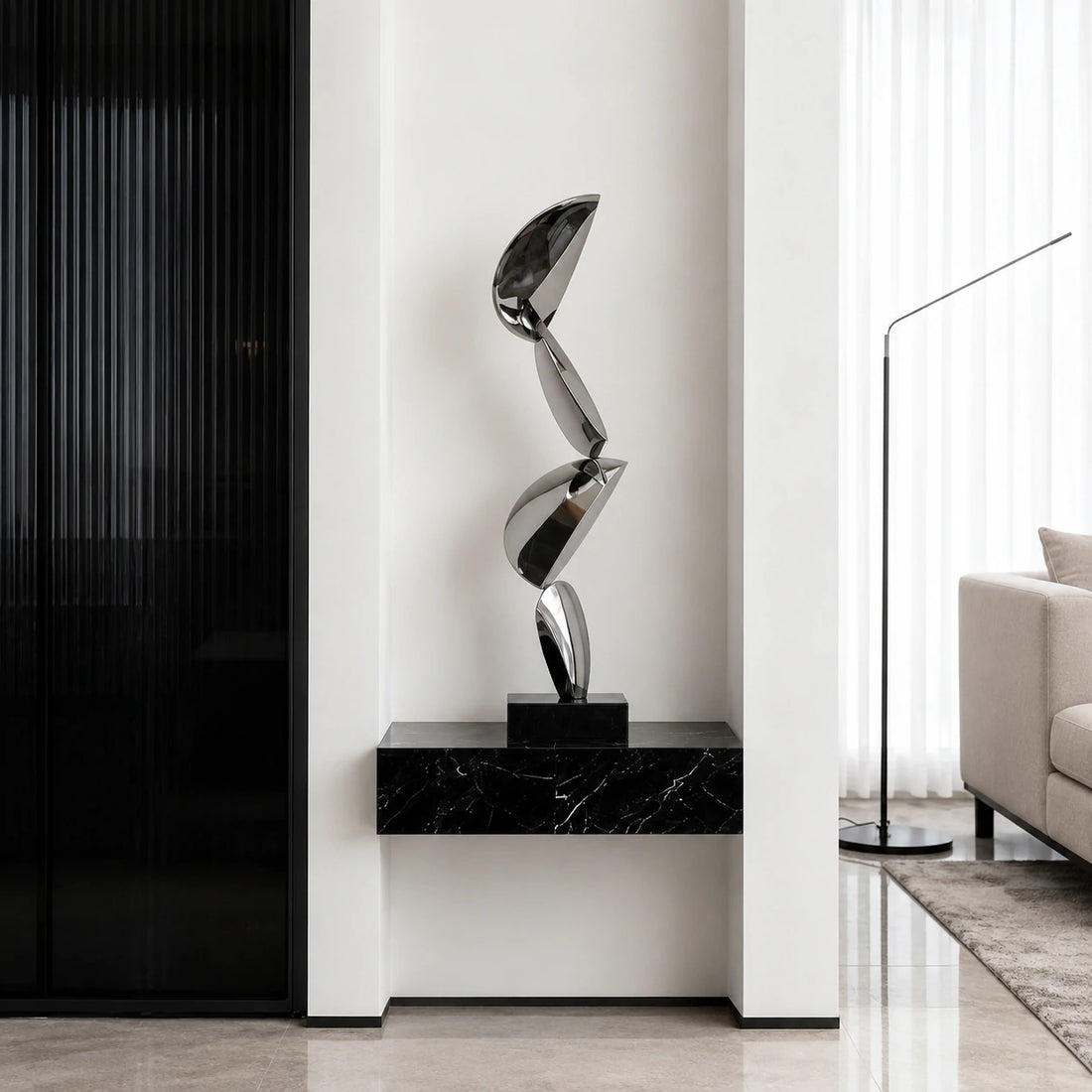 GOIFVORO Modern Abstract Stainless Steel Sculpture with Marble Base, product image 1 of 3