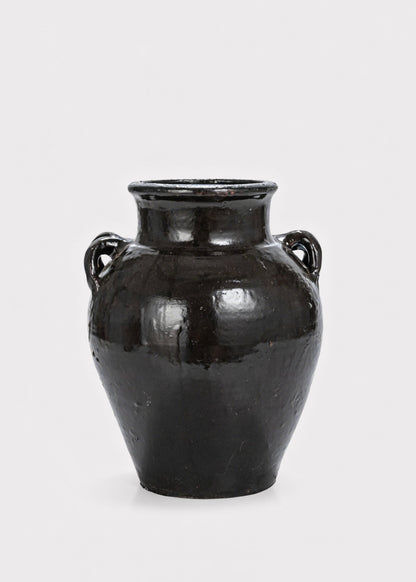 Large Distressed Clay Jar Vase in Dark Brown Black Hue - 11.75"