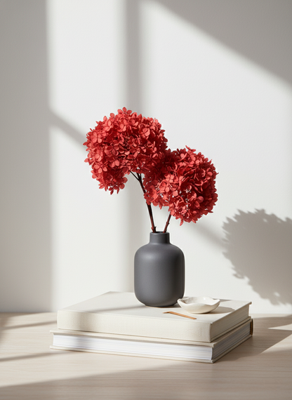 Bundle of 3 Coral Red Preserved Hydrangea Stems
