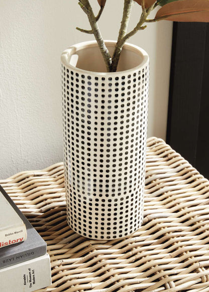 Handmade White and Black Dotted Ceramic Cylinder Vase - 11.25"