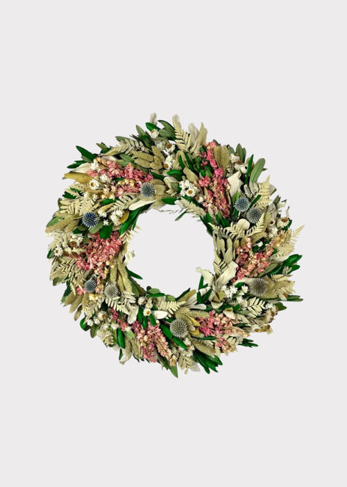 Pink Dried Larkspur and Mixed Foliage Flower Wreath - 22"
