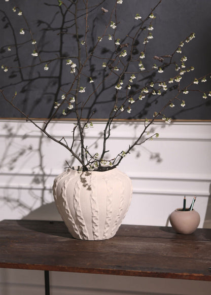 Textured Round Ceramic Argos Vase in Matte Sand Hue - 11.75"