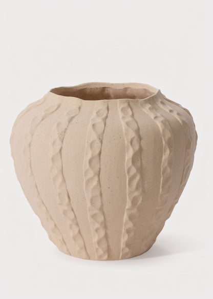 Textured Round Ceramic Argos Vase in Matte Sand Hue - 11.75"