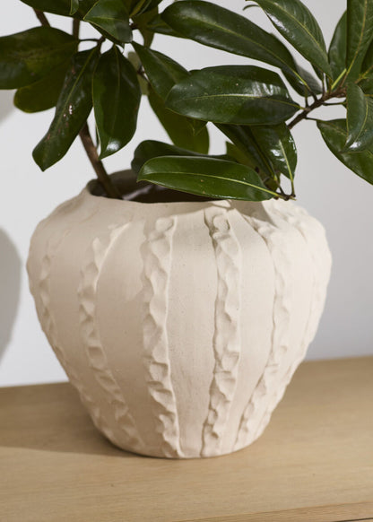 Textured Round Ceramic Argos Vase in Matte Sand Hue - 11.75"