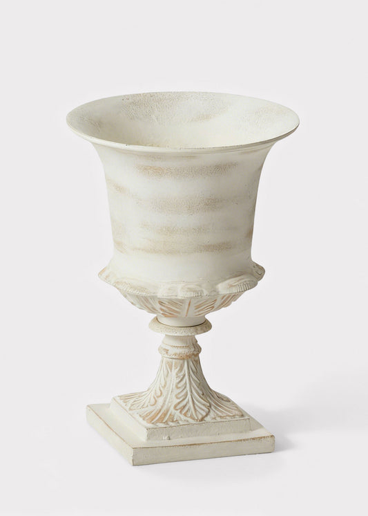 Distressed Metal Urn Vase in Warm White - 14.5"