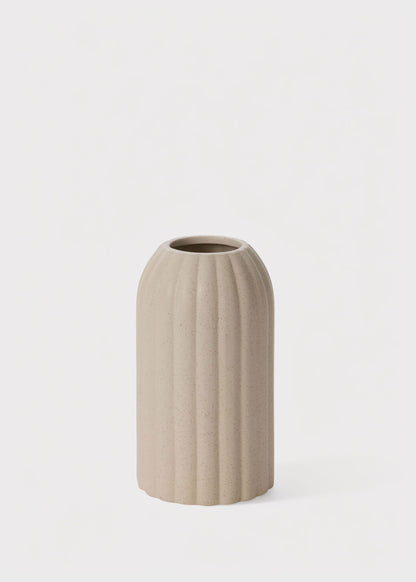 Rounded Cylinder Ceramic Ribbed Vase in Beige Cream - 8.25"