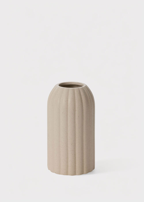 Rounded Cylinder Ceramic Ribbed Vase in Beige Cream - 8.25"