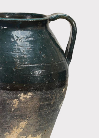 Distressed Terra Cotta Pitcher Vase in Blue Glaze - 11.25"