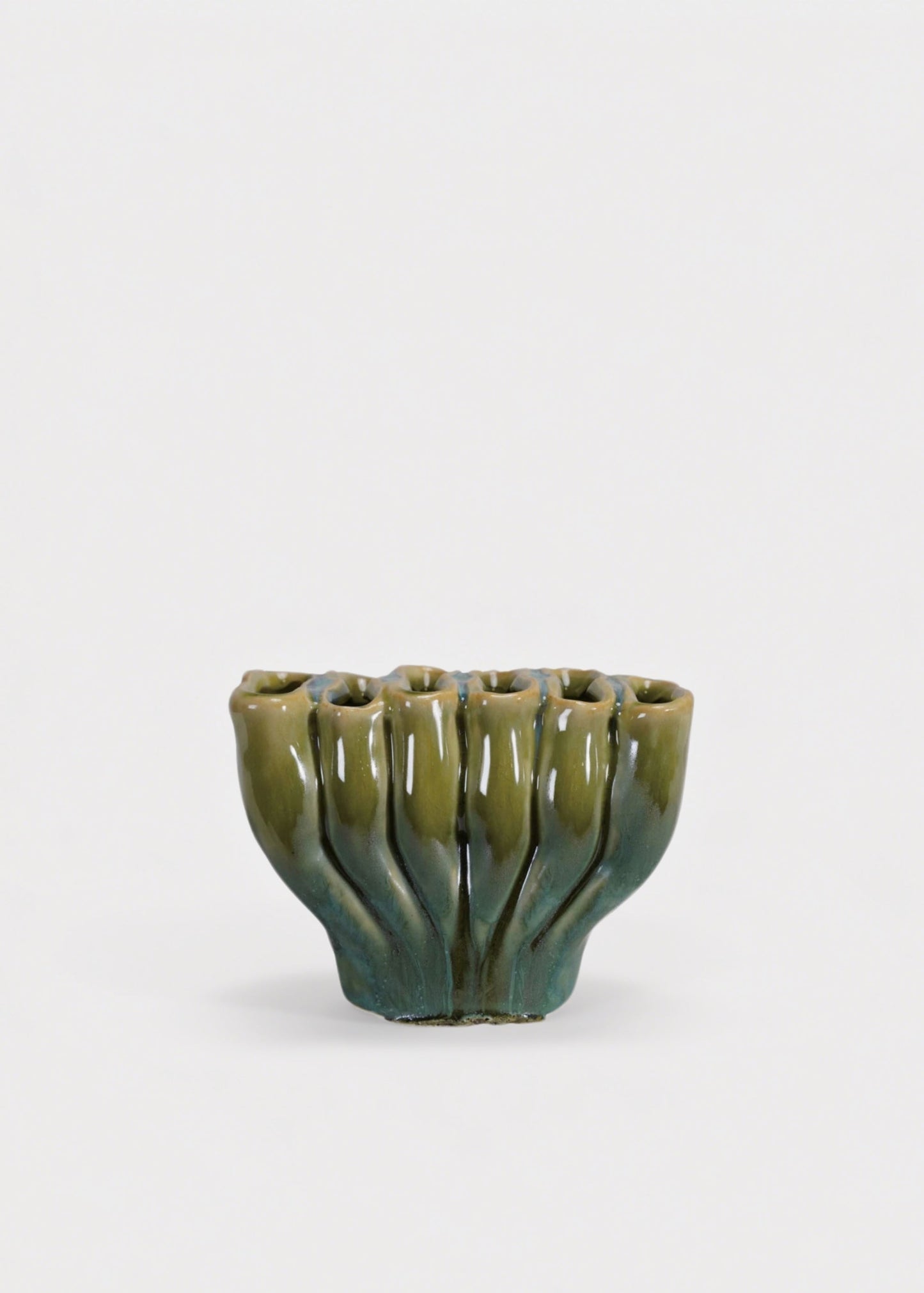 Small Sculptural Stoneware Sectioned Vase in Green Glaze - 3"