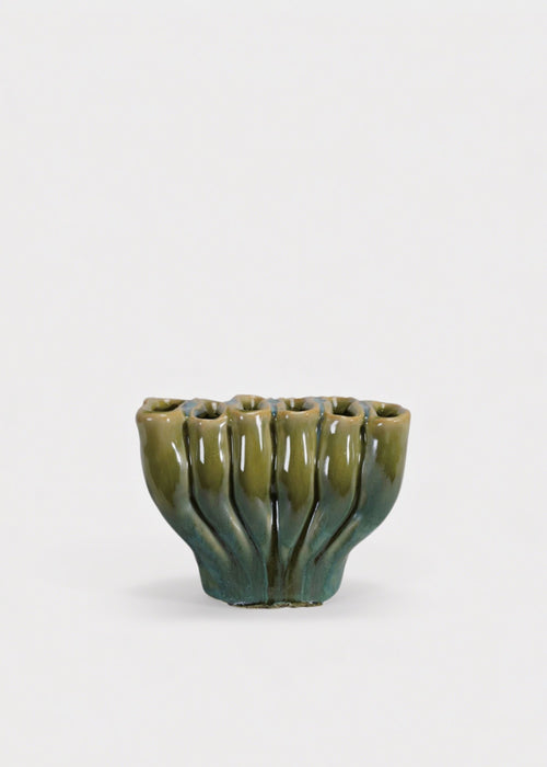 Small Sculptural Stoneware Sectioned Vase in Green Glaze - 3"