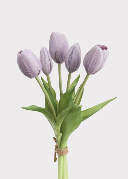 Artificial Flower Bundle of 5 Lavender Real Touch Tulips - 10"
