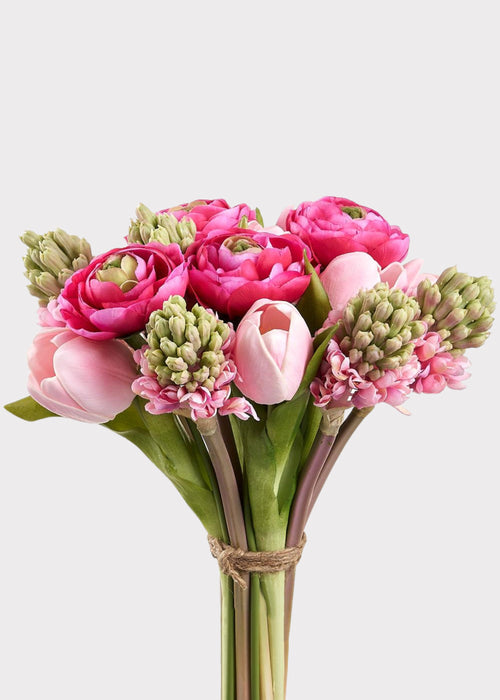 Pink Spring Tulip and Hyacinth Fake Flower Bouquet - 11"