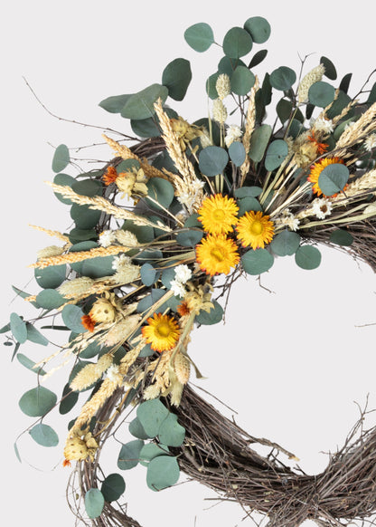 Green Dried Foliage and Orange Mixed Flower Wreath - 22"