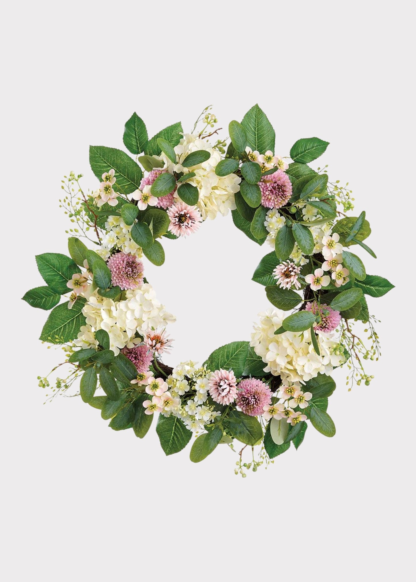 Dahlia and Hydrangea Fake Flower Wreath in Pink Cream - 24"