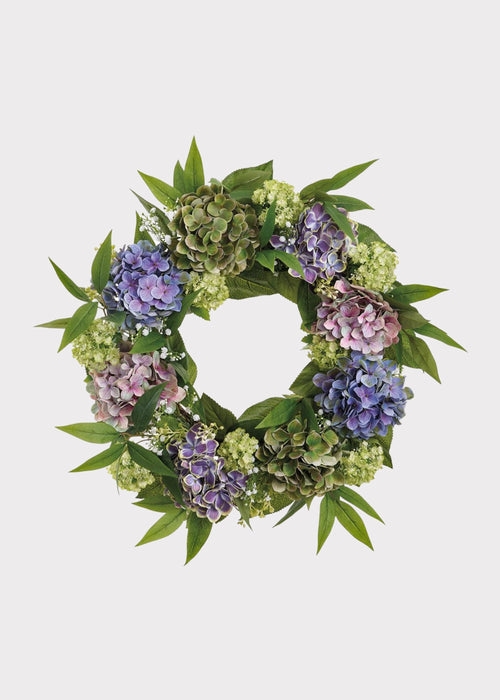 Purple Green Fake Hydrangea and Snowball Flower Wreath - 22"