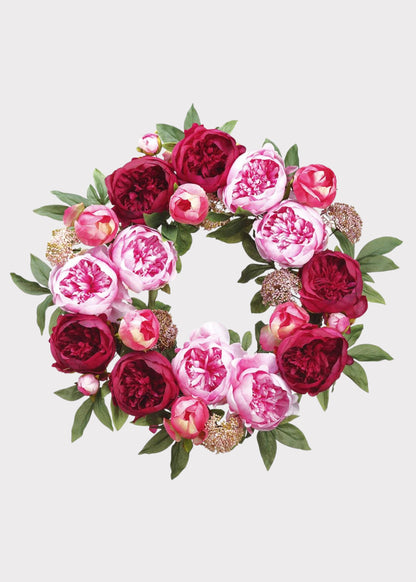 Pink and Burgundy Blooming Peony Fake Flower Wreath - 26"