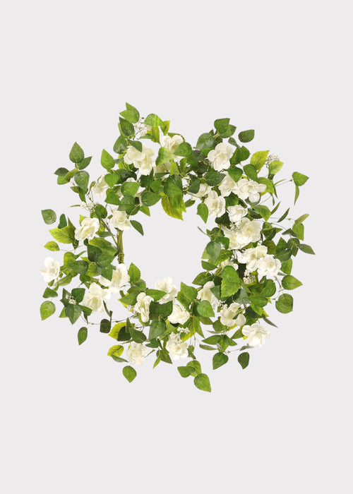 White Artificial Wild Rose Flower and Leaf Wreath - 22"