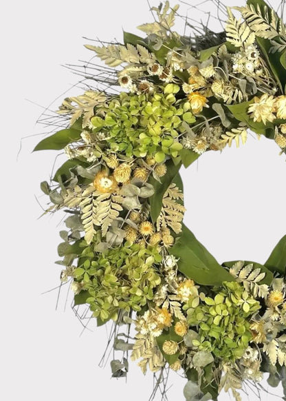 Cream Green Dried Hydrangea Flower and Eucalyptus Wreath - 22"