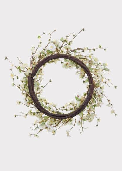 Artificial Wispy Cherry Blossom Flower Wreath in Cream Green - 24"