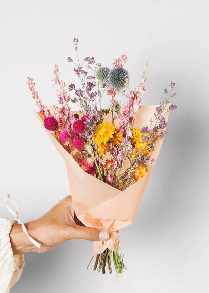 Colorful Pink and Yellow Small Dried Flower Bouquet - 12"