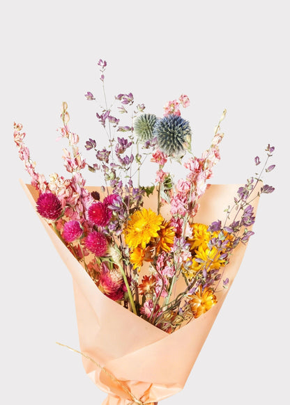Colorful Pink and Yellow Small Dried Flower Bouquet - 12"