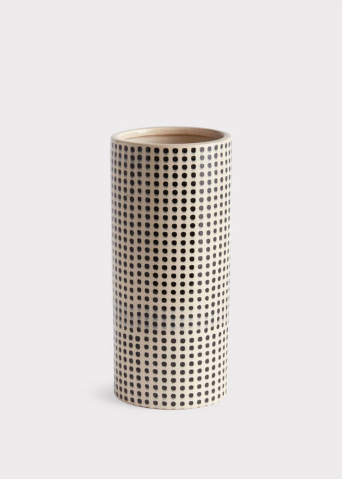 Handmade White and Black Dotted Ceramic Cylinder Vase - 11.25"