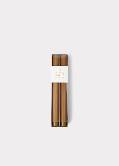 Set of 2 Ribbed Taper Candles in Caramel Hue - 10"