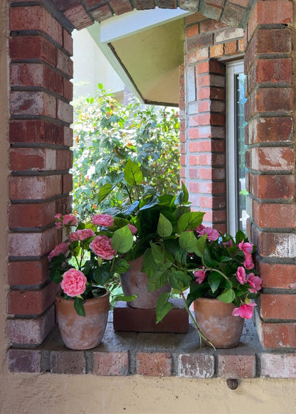 UV Treated Outdoor Potted Arrangement of Pink Real Touch Roses - 13"