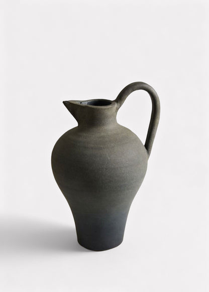 Handmade Terra Cotta Pitcher Vase with Handle in Aged Black - 11.75"