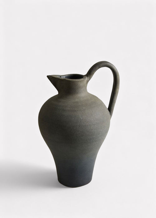 Handmade Terra Cotta Pitcher Vase with Handle in Aged Black - 11.75"