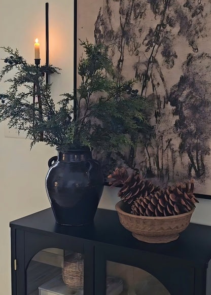 Large Distressed Clay Jar Vase in Dark Brown Black Hue - 11.75"