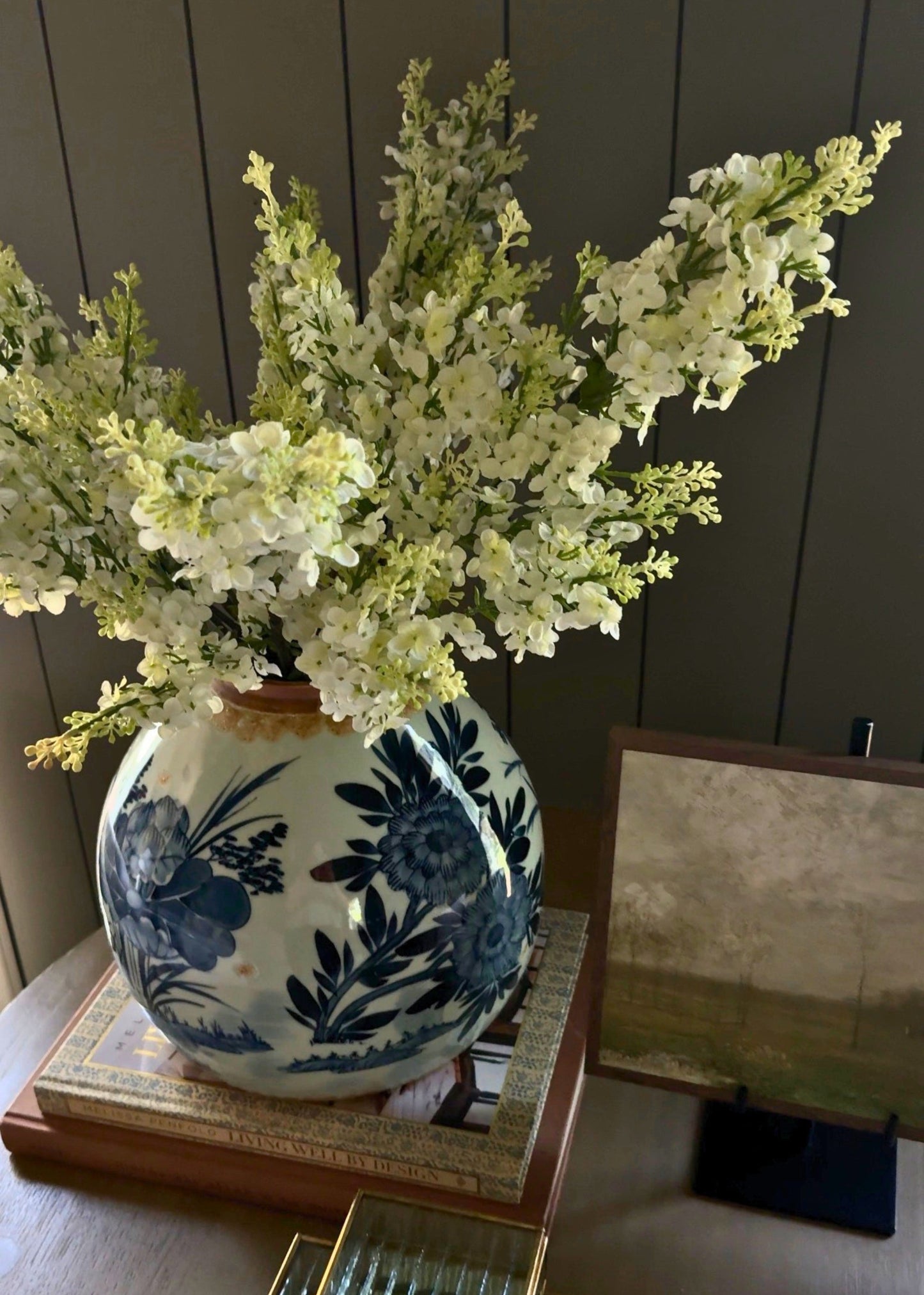 Hand-Painted Blue and White Stoneware Ginger Jar Vase - 11"