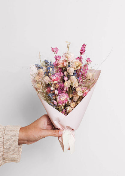 Soft Pink and Blue Small Bouquet of Dried Flowers - 12"
