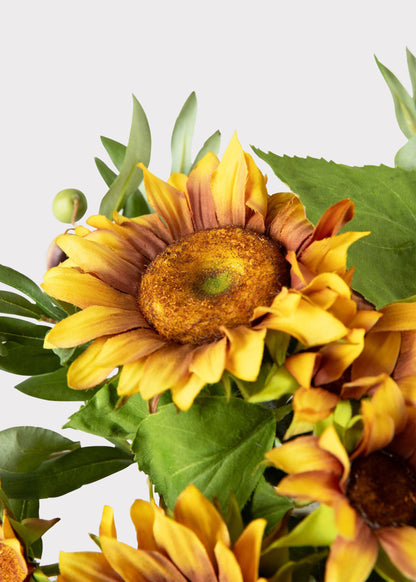 Faux Sunflower and Olive Leaf Arrangement in Glass Vase - 11"