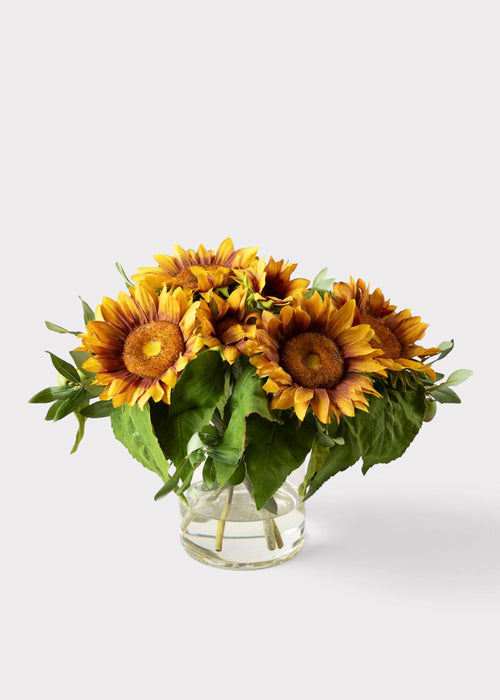 Faux Sunflower and Olive Leaf Arrangement in Glass Vase - 11"